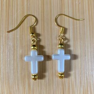Elegant Gold and White Cross Earrings